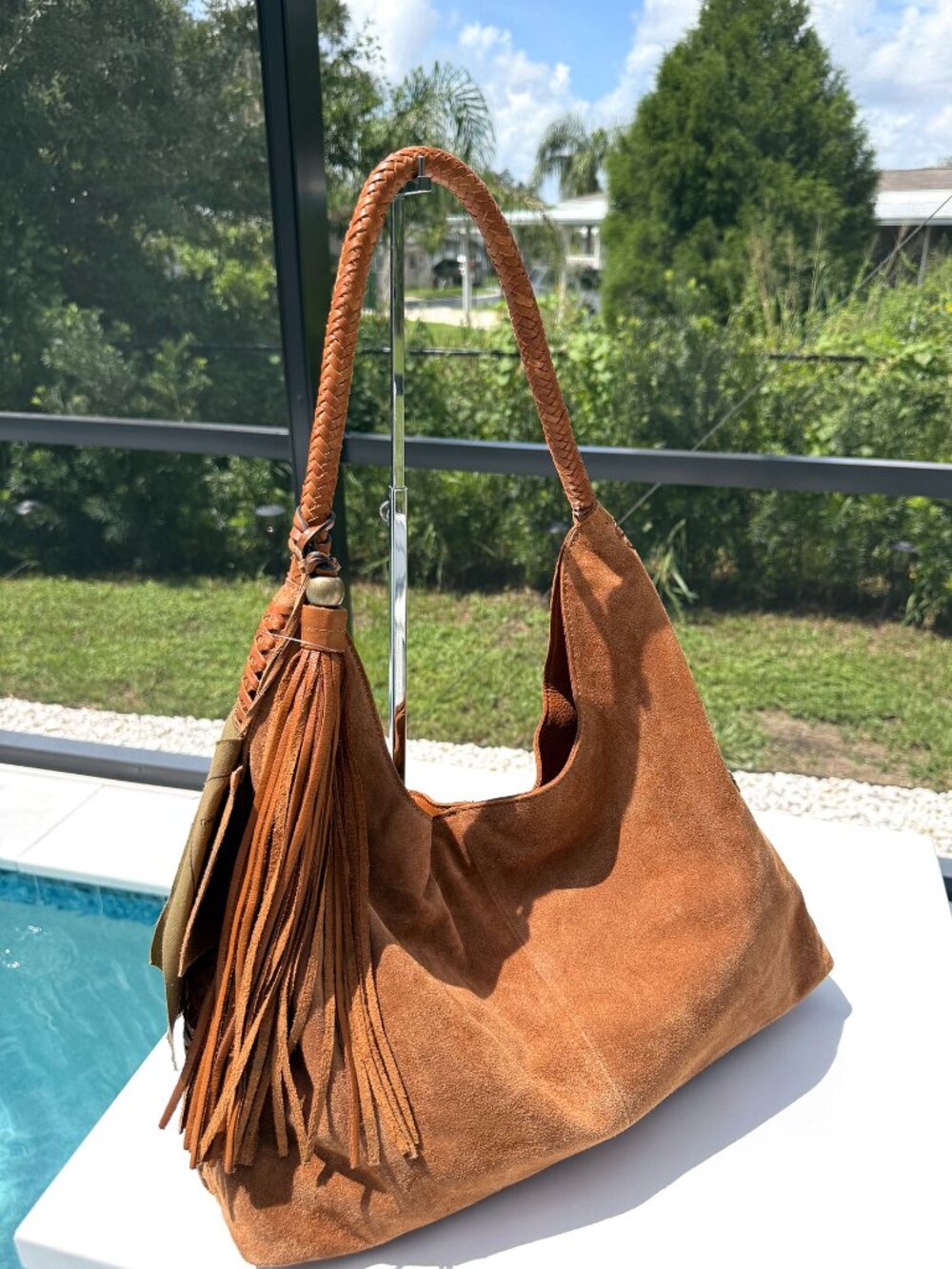 Vilenca Holland Suede Slouchy Hobo Shoulder Bag Cognac Boho Whipstitch Tassl NWT
